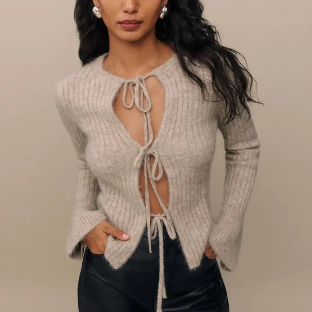 Reformation Rebecca Cashmere Alpaca Tie Front Cardigan Small in Barely Tan - Picture 8 of 8